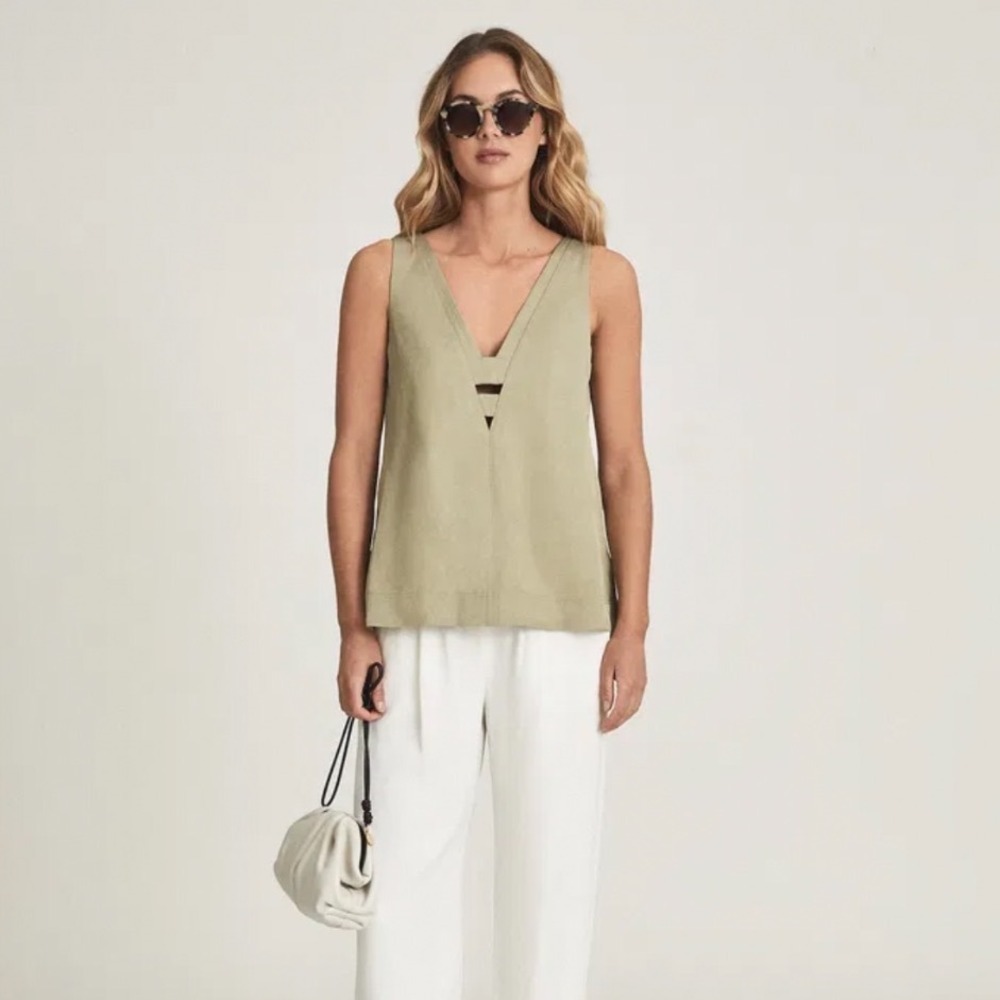 REISS NEW Emi Linen V‎ Neck Shell Top In Khaki Size 4